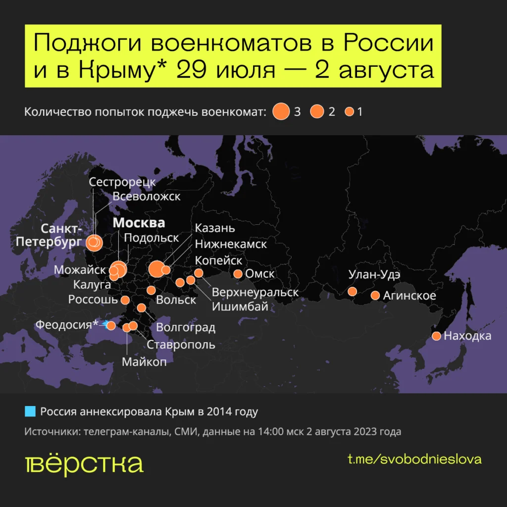 31 поджог военкоматов в&nbsp;России и&nbsp;аннексированном Крыму карта 29 июля - 2 августа