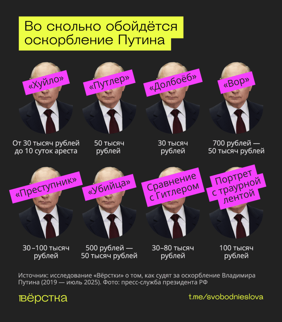 Оскорбительным для Путина силовики считают не только оценку личных качеств президента. Штраф можно получить за&nbsp;критику политики президента или сравнение его с&nbsp;военными преступниками