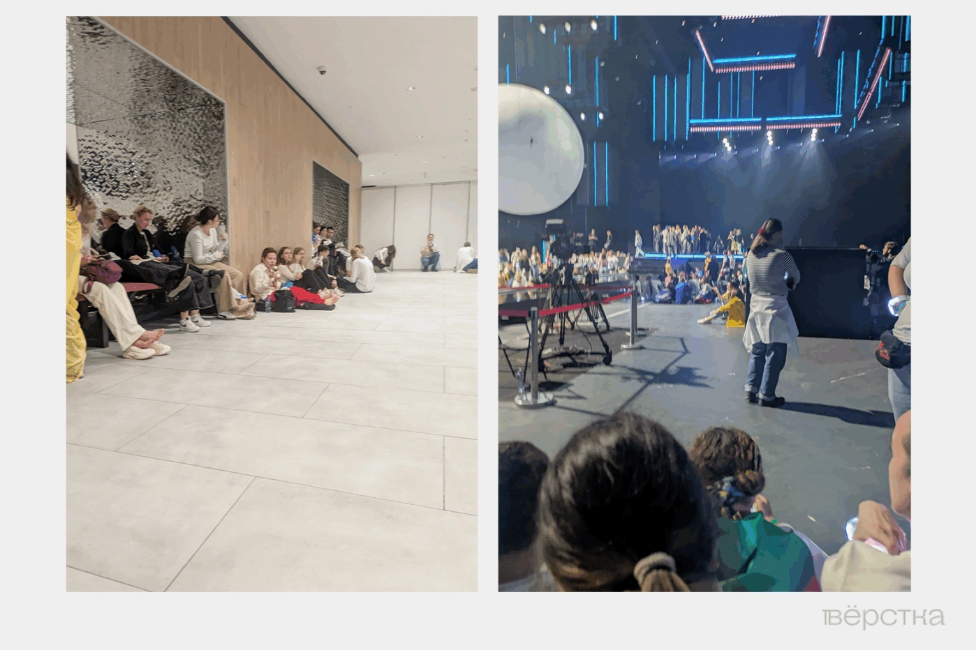 Участники массовки «Интервидения» сидят в&nbsp;холле и&nbsp;съемочном павильоне в&nbsp;ожидании съемок